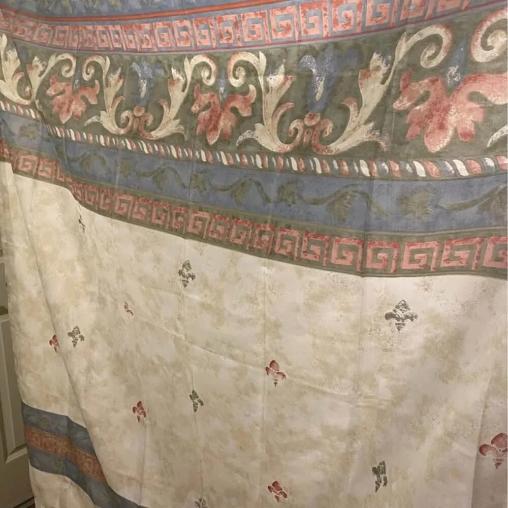 Vintage 90s Pastel Fabric Shower Curtain Fleur-de-Lis/Greek Key Pattern | 66X70
